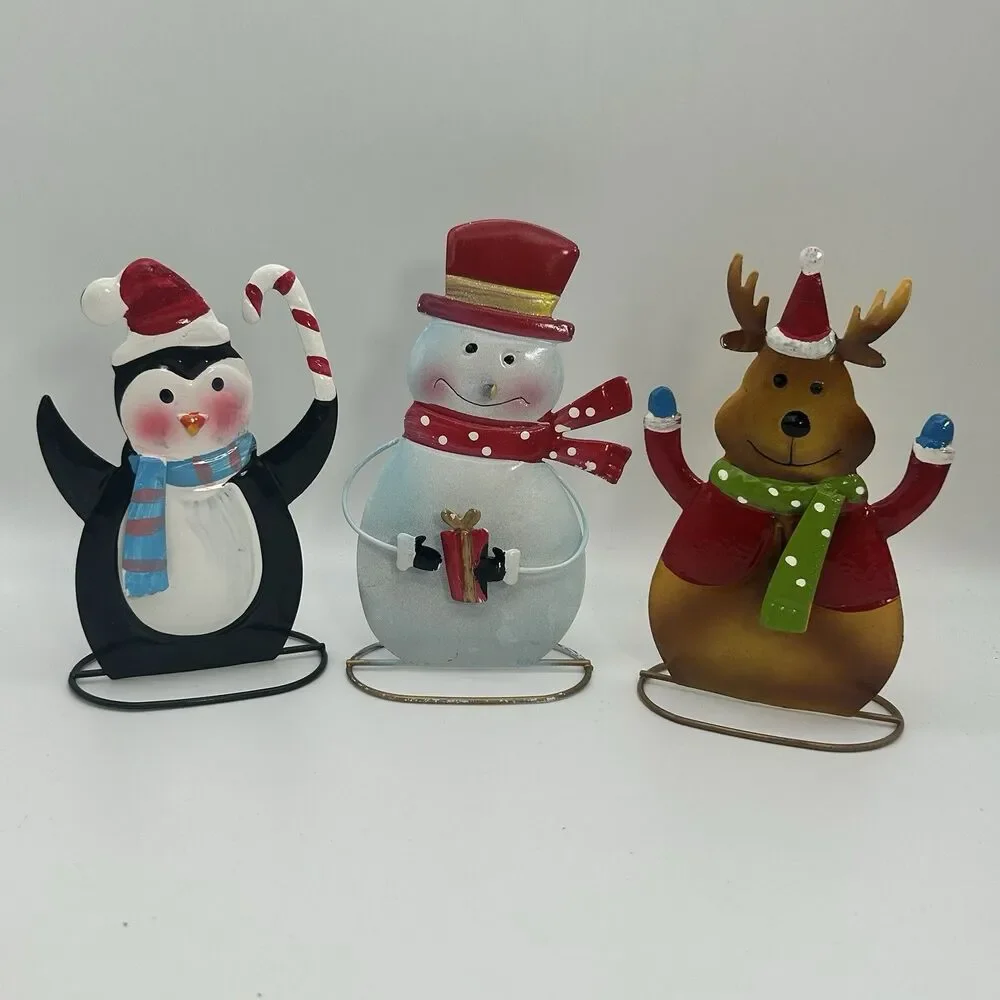 Lot of 3 Metal Christmas Decor Penguin Snowman Reindeer Holiday Tabletop Figures